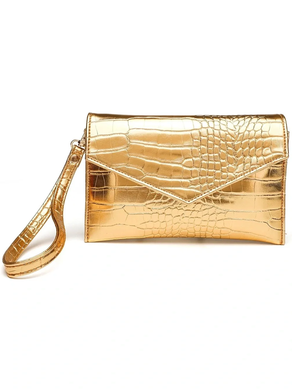 Gold Metallic Croc Embossed Envelope Clutch Wristlet Purse